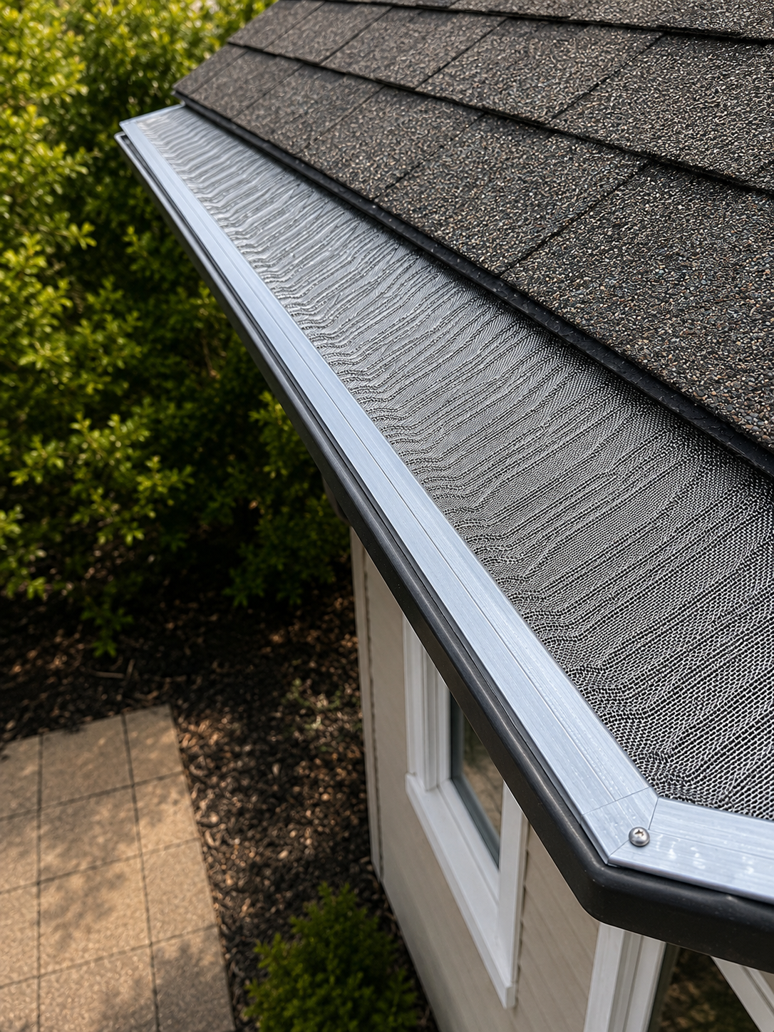 Stainless steel micro-mesh gutter guard installed along a dark gutter with aluminum edge