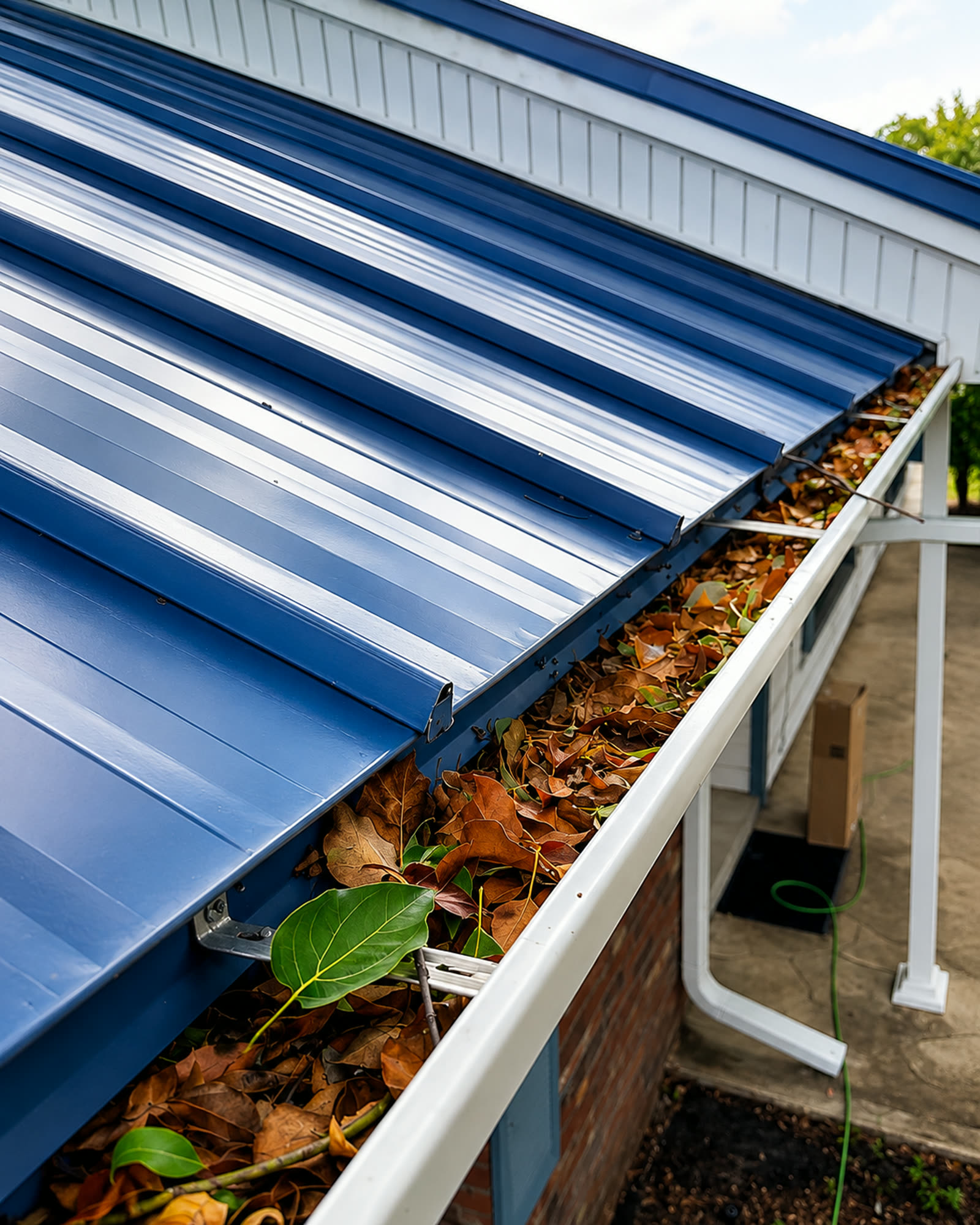 Clogged rain gutter full of leaves