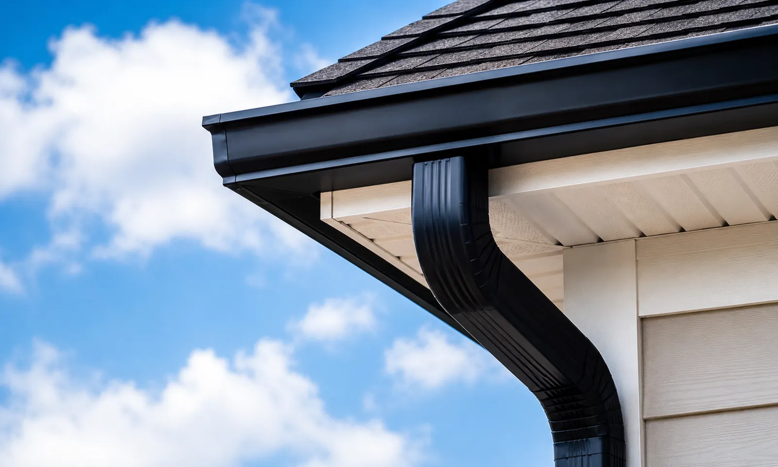 Close-up of a seamless gutter corner and downspout