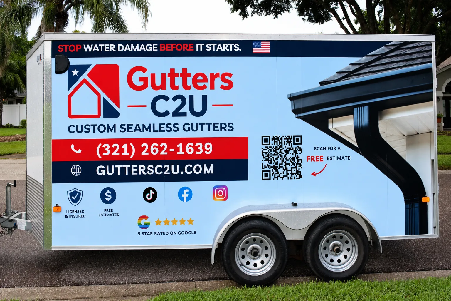 The Gutters C2U trailer that carries our on-site gutter machine