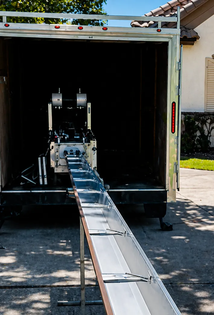 Our gutter machine inside the trailer, rolling out a seamless gutter on site