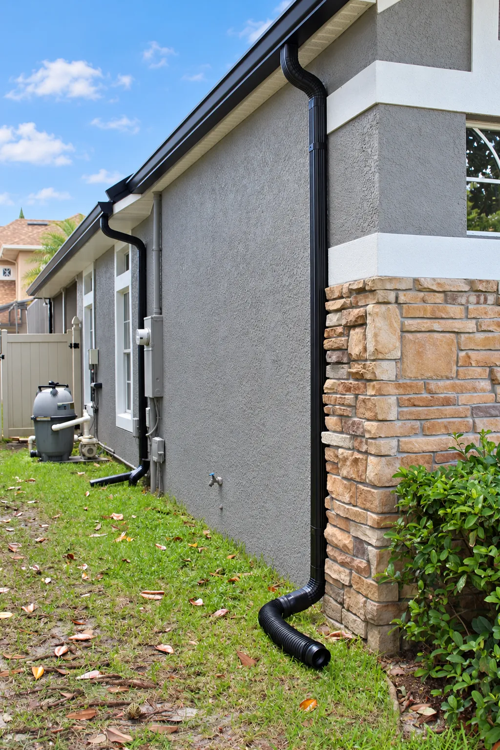 Seamless gutters and downspout on the side of a home in Sanford, FL